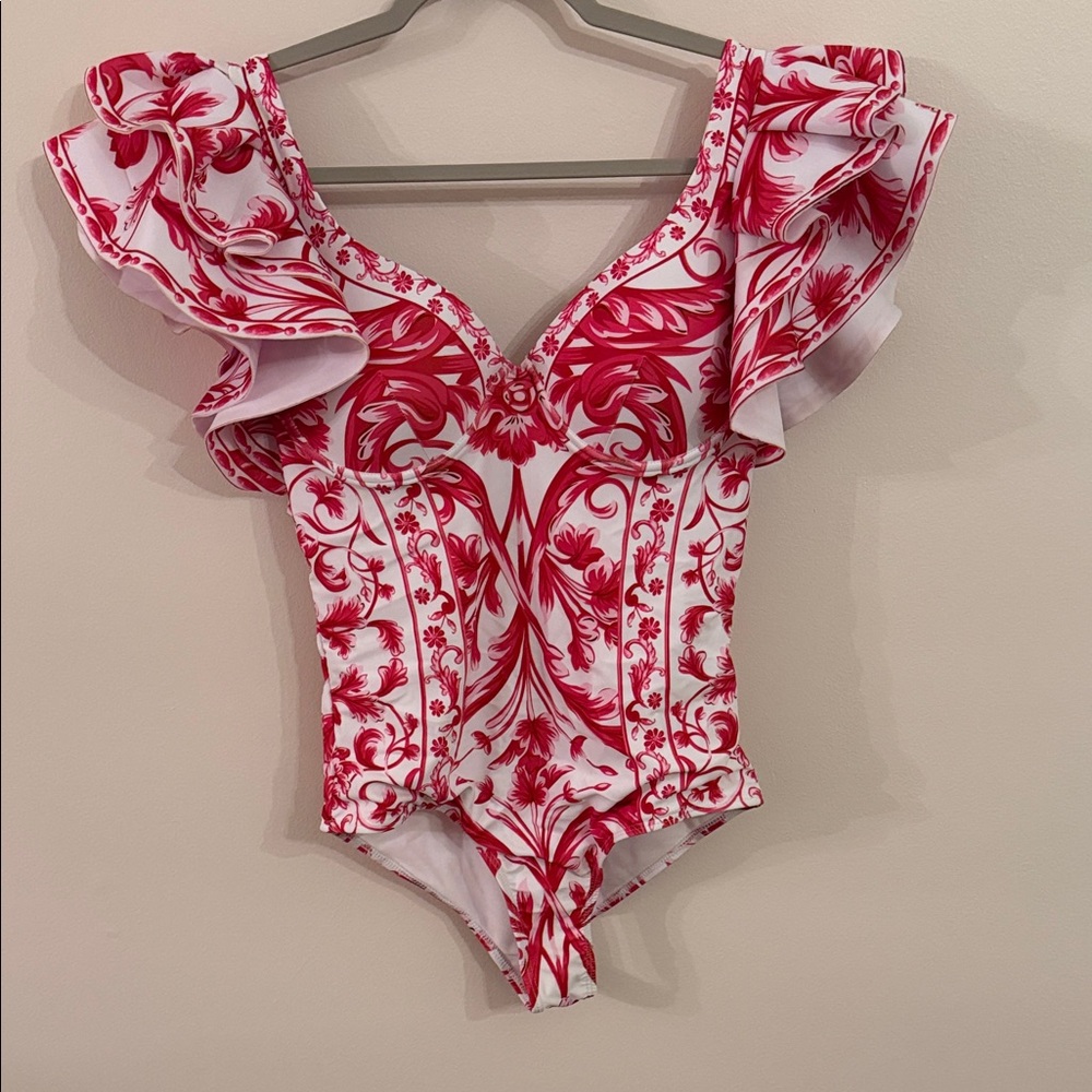 Red and White Floral Swimsuit